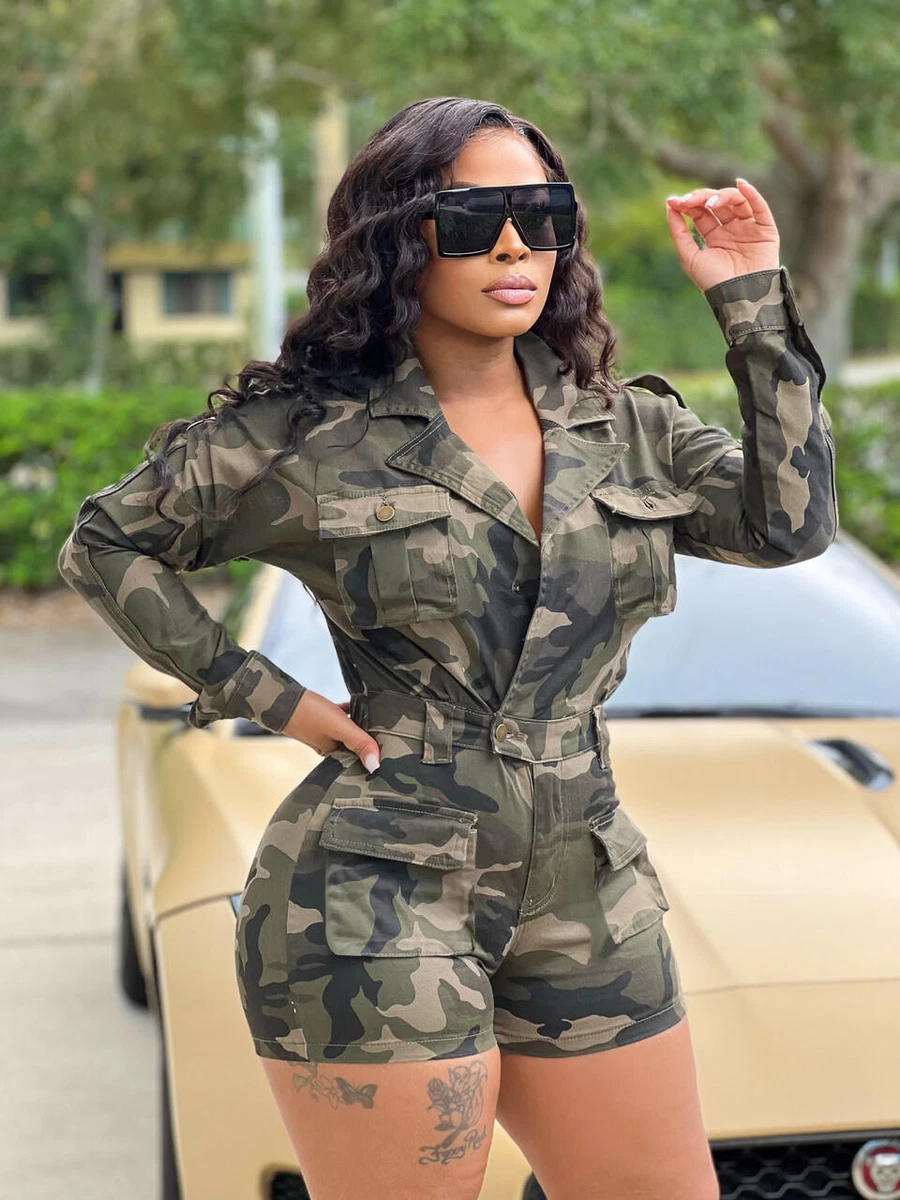 Womens Long Sleeve Camo Print Camouflage Pattern Denim Romper Outfit S-2XL