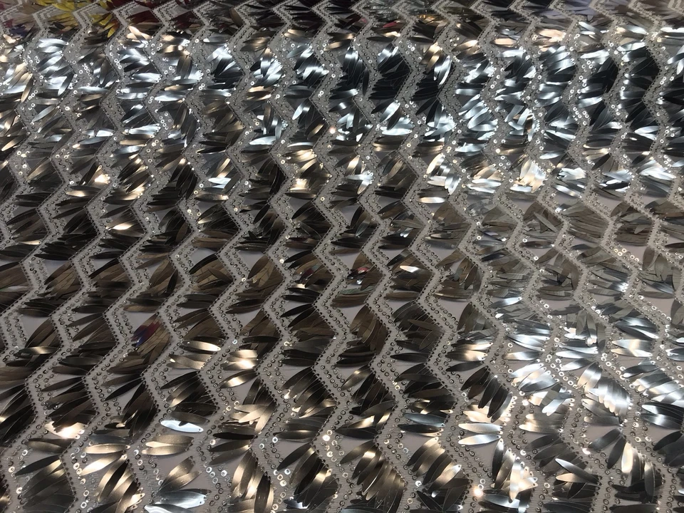 SILVER-WHITE CHEVRON EMBROIDERY WITH LONG SEQUINS ON A MESH-SOLD BY THE YARD. - Image 3 of 4