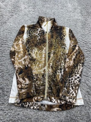 Onque Casuals Jacket Women Small Cheetah Leopard Beaded Full Zip Mock Neck