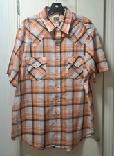 Ely Cattleman Pearl Snap Short Sleeve Shirt Mens L Orange Plaid Sawtooth Pockets