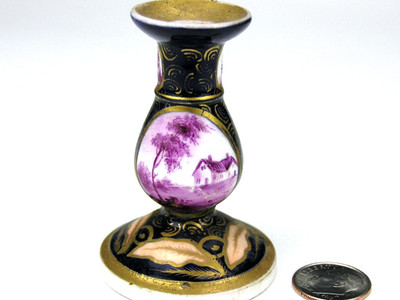 Antique English Bloor Derby Miniature Candle Stick Holder Puce Landscape Scenes