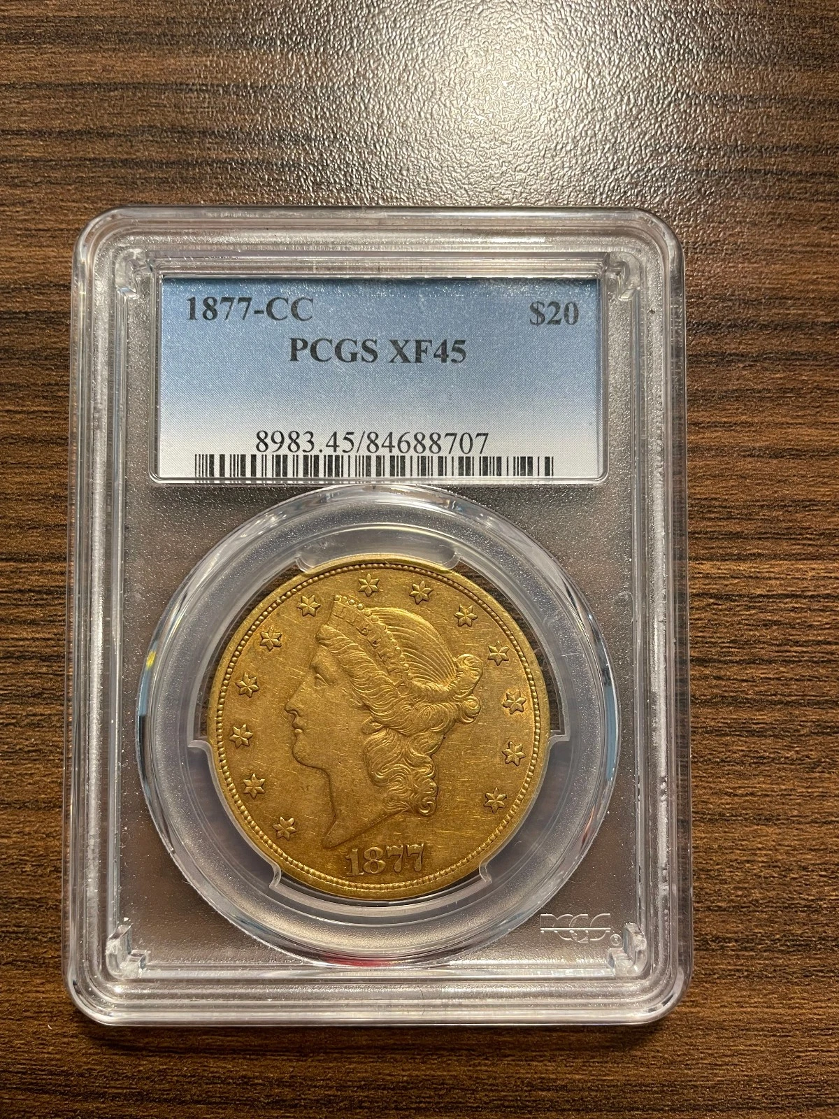 1877-CC Liberty Head $20 Twenty Dollar Gold Double Eagle PCGS XF 45 Type 2 Motto
