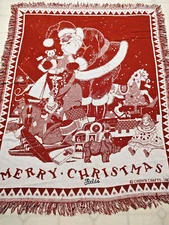Christmas Blanket Throw Santa Toys Crown Crafts Fringe Red/White 44"X 55" Fields