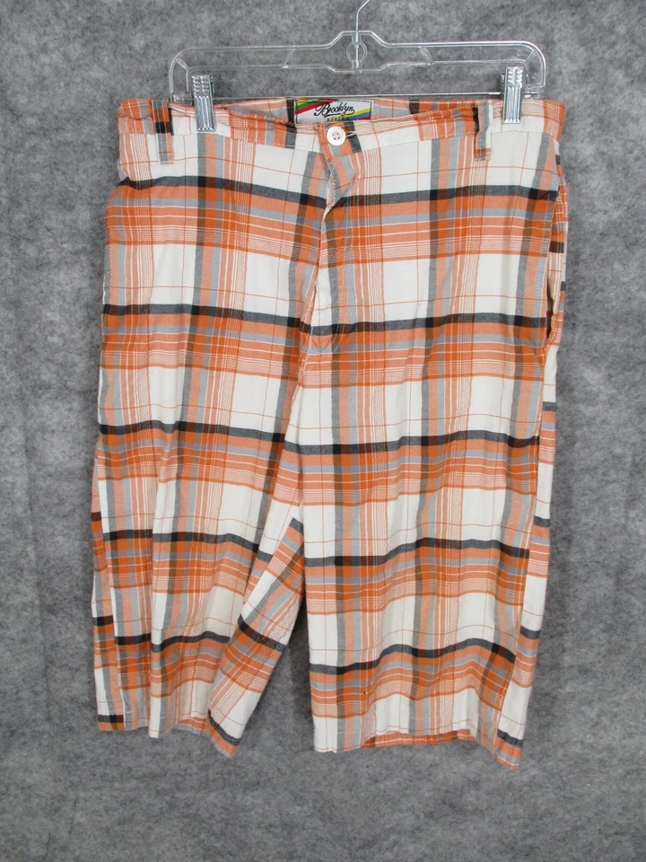 Bermudas para hombre Brooklyn Xpress naranja 34 bolsillos delanteros planos a cuadros blancas Foto 2 de 4