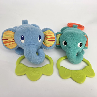 Lot of 2 Bright Starts Elephant Plush Baby Teethers, Blue & Teal Infant Nice!