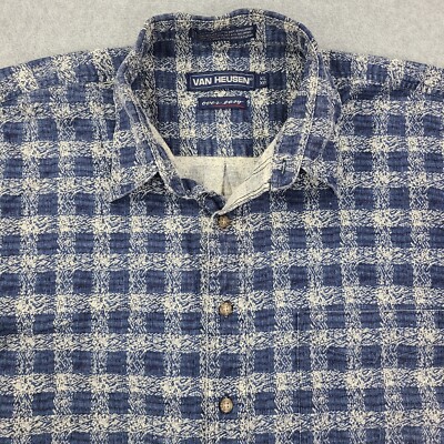 Van Heusen Linen Blend Over Easy Button Shirt Men's XL SS Blue Plaid Casual