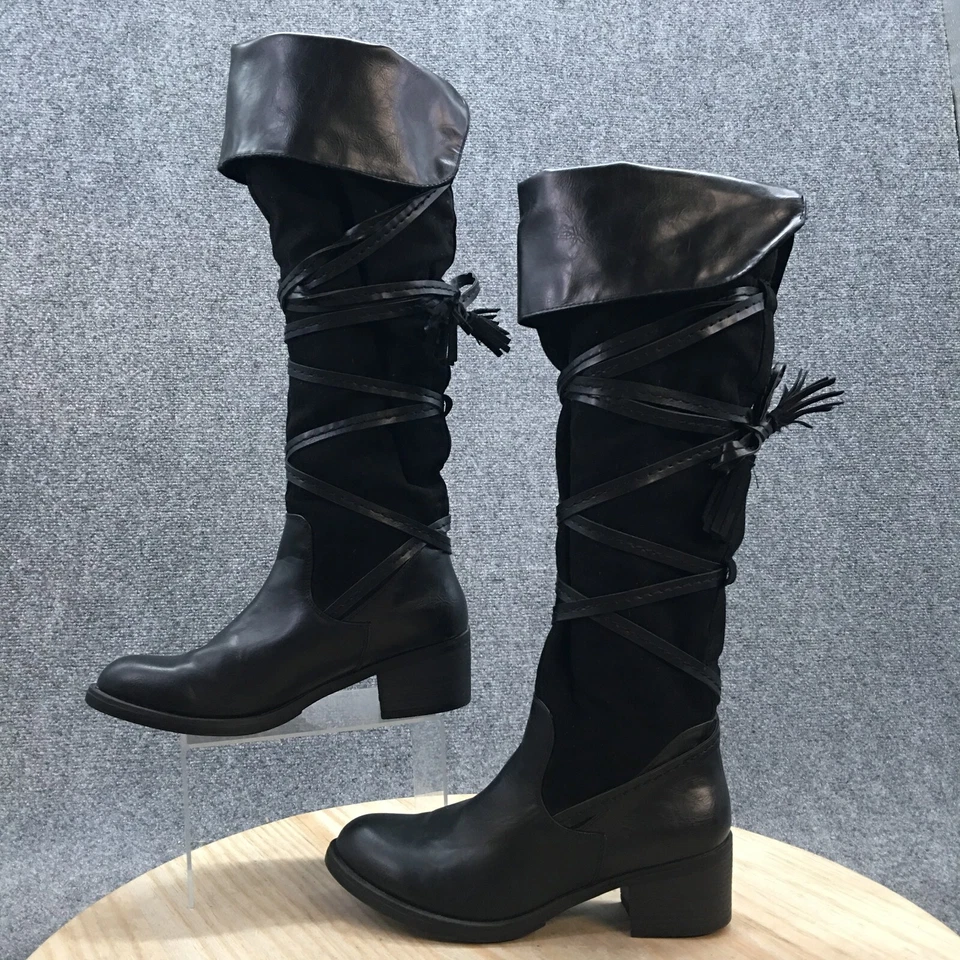 Botas Sugar para mujer 8,5 M Vale por encima de la rodilla con tiras negras imitación cuero tacones Foto 2 de 4