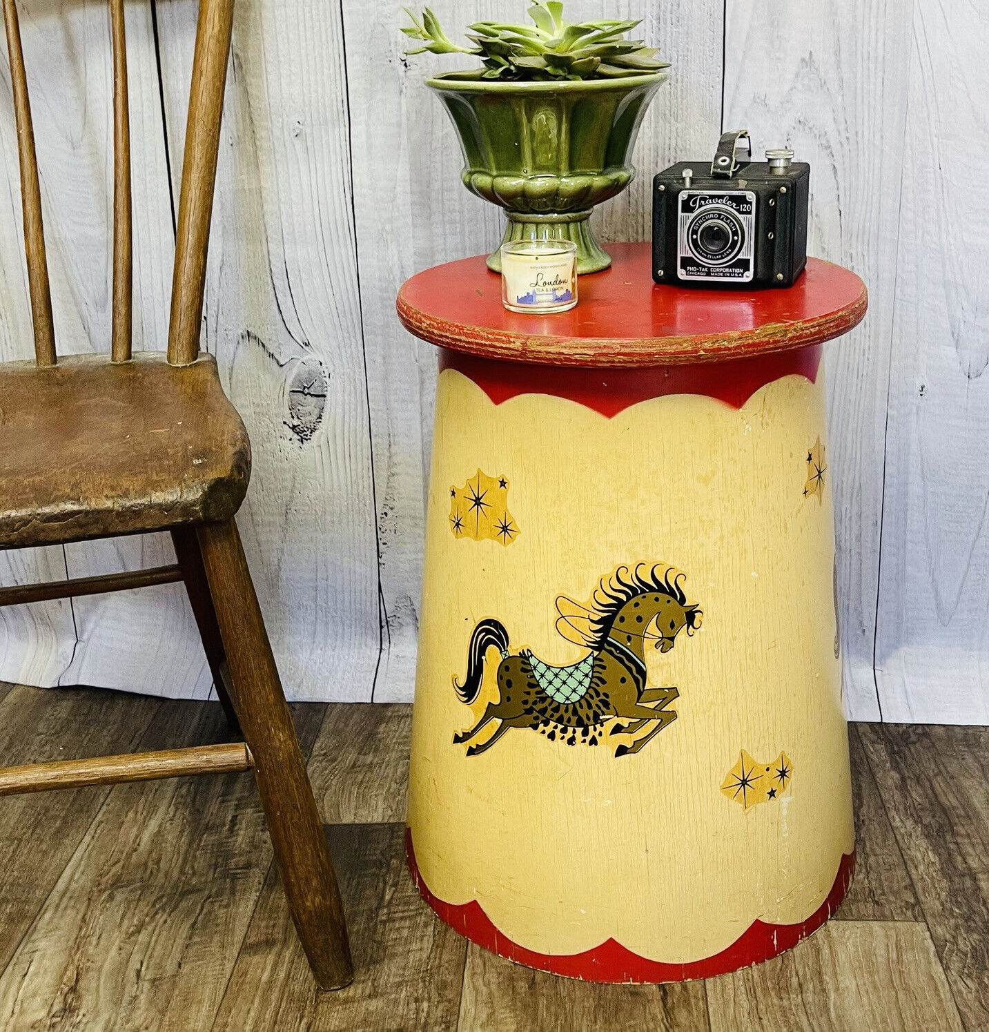 Vintage Atomic MCM Bentwood Side Accent Table Circus Star Show Horses Decals