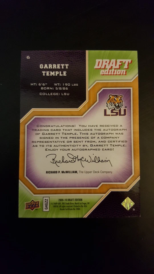 2009-10 Draft Edition  - Garrett Temple - Rookie Auto Green 197/249 - Image 2 of 2