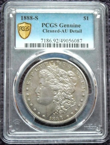 1888 S MORGAN SILVER DOLLAR PCGS GOLD LABEL ONLY 657K MINTED AU DETAILS CLEANED