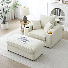 Oversized Comfy Accent Chair w/ Ottoman, Extra Wide Armrests, Cream