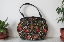 Vintage Floral Needlepoint Tapestry PURSE HANDBAG Black Leather Frame 1950s