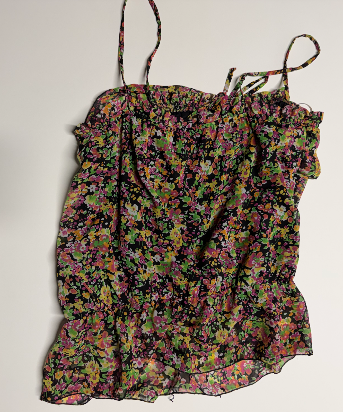 Women’s Floral Print Chiffon Ruffle Hem Camisole Top Multicolor Spaghetti Strap
