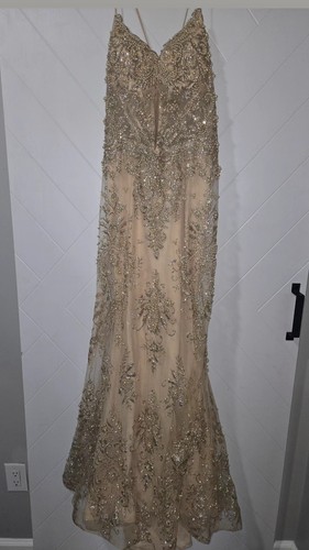 Beige Gold Embellished Formal Gown Evening Dress Size 12