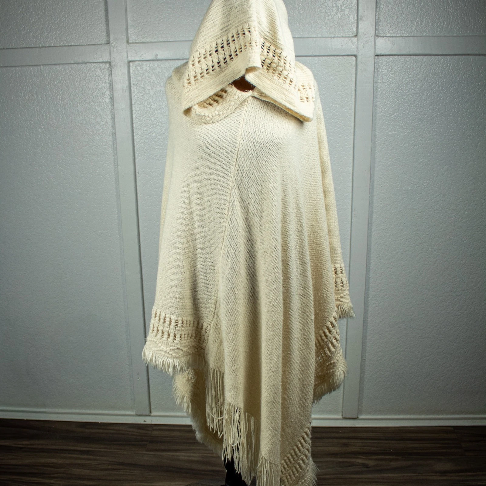 Minette Hooded Knit Poncho Shawl Fringe Ivory Boho Cape One Size