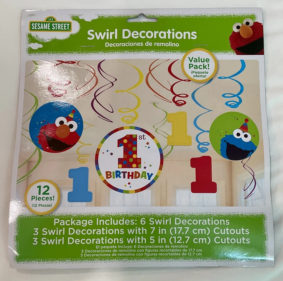 SESAME STREET 1er Cumpleaños 12 piezas Colgante Remolino Decoración Incluye (3) 7" y (3) 5" NUEVO Foto 2 de 3