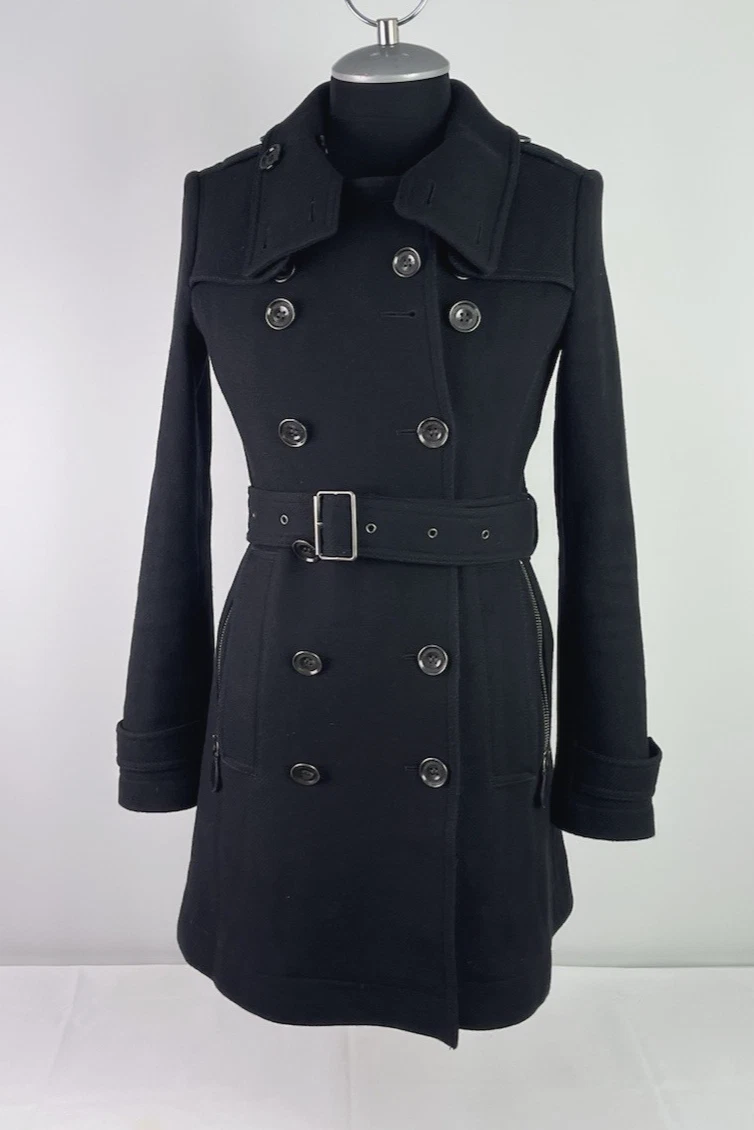 Burberry Brit Women's Black Wool Cashmere Military Trench Coat Belted XS