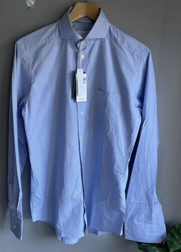 Eton Men Sky Blue Polka Square Dots Cotton Shirt Collar 15/38 Small Posh Accent - Picture 1 of 18