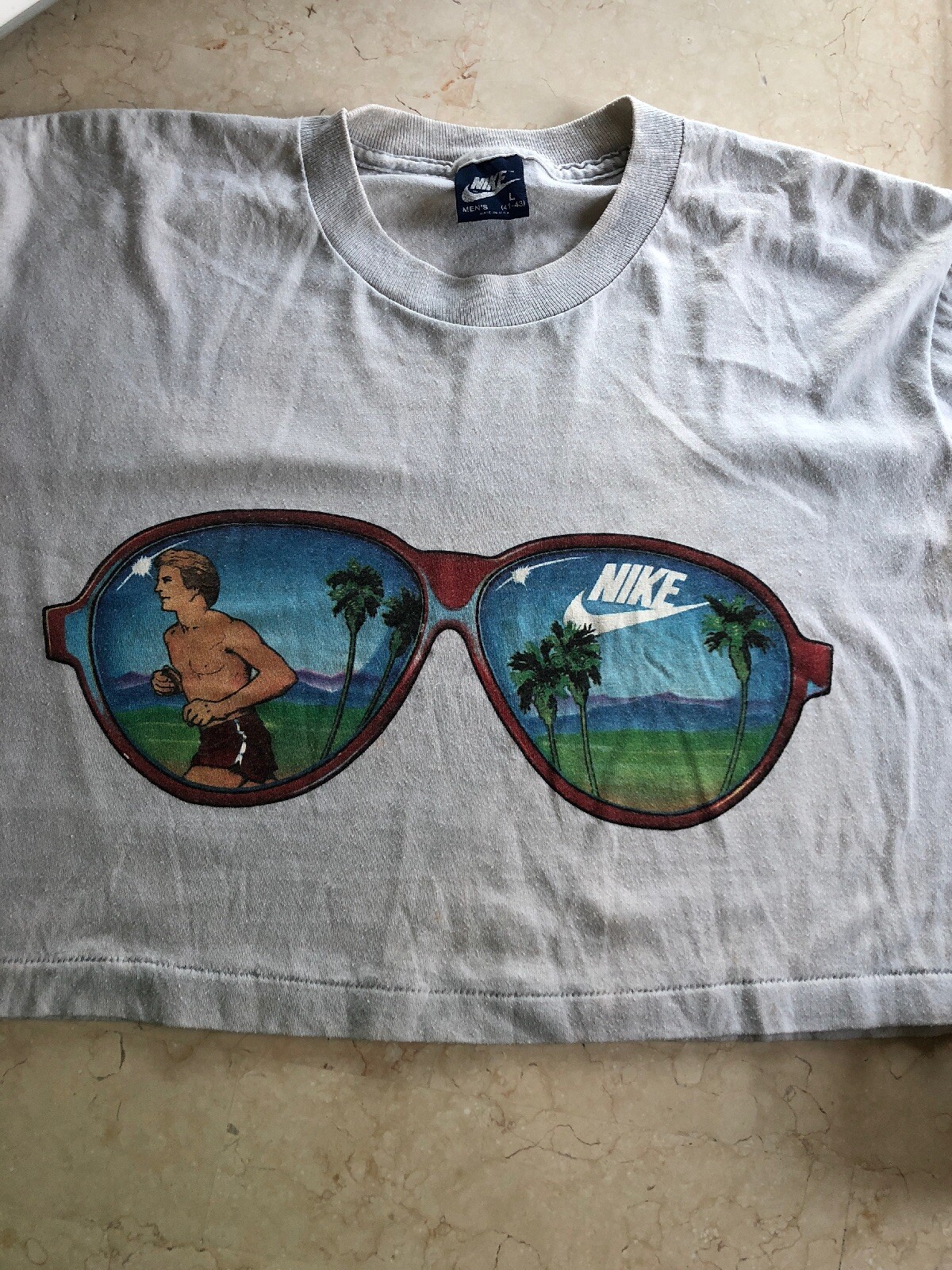 Vtg 1984 NIKE X BRUCE JENNER Cropped 80s Tee Shirt Sz L Single Stitch USA Gray image 4