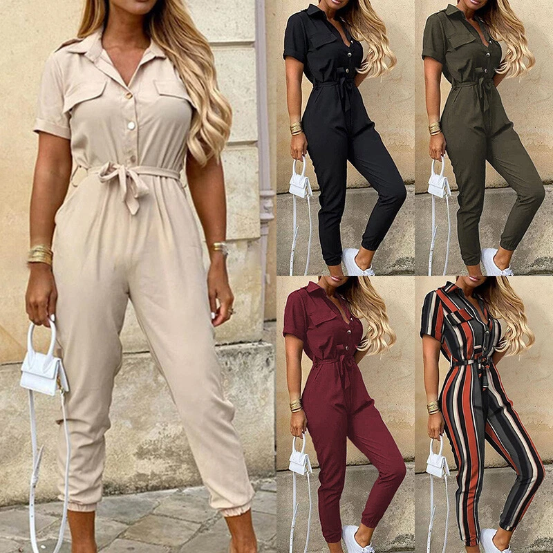 Women Casual Cargo Button Jumpsuits Ladies Short Sleeve Belted