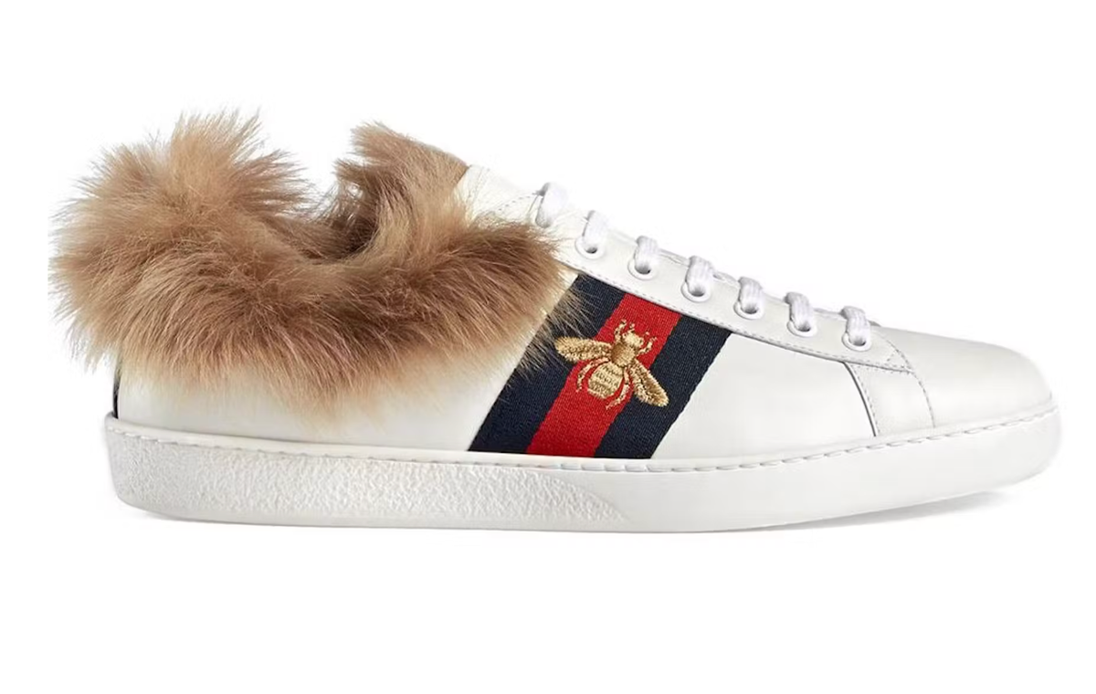 Gucci Z4738 Mens White Fur 'Wool' Ace Embroidered Bee Sneakers