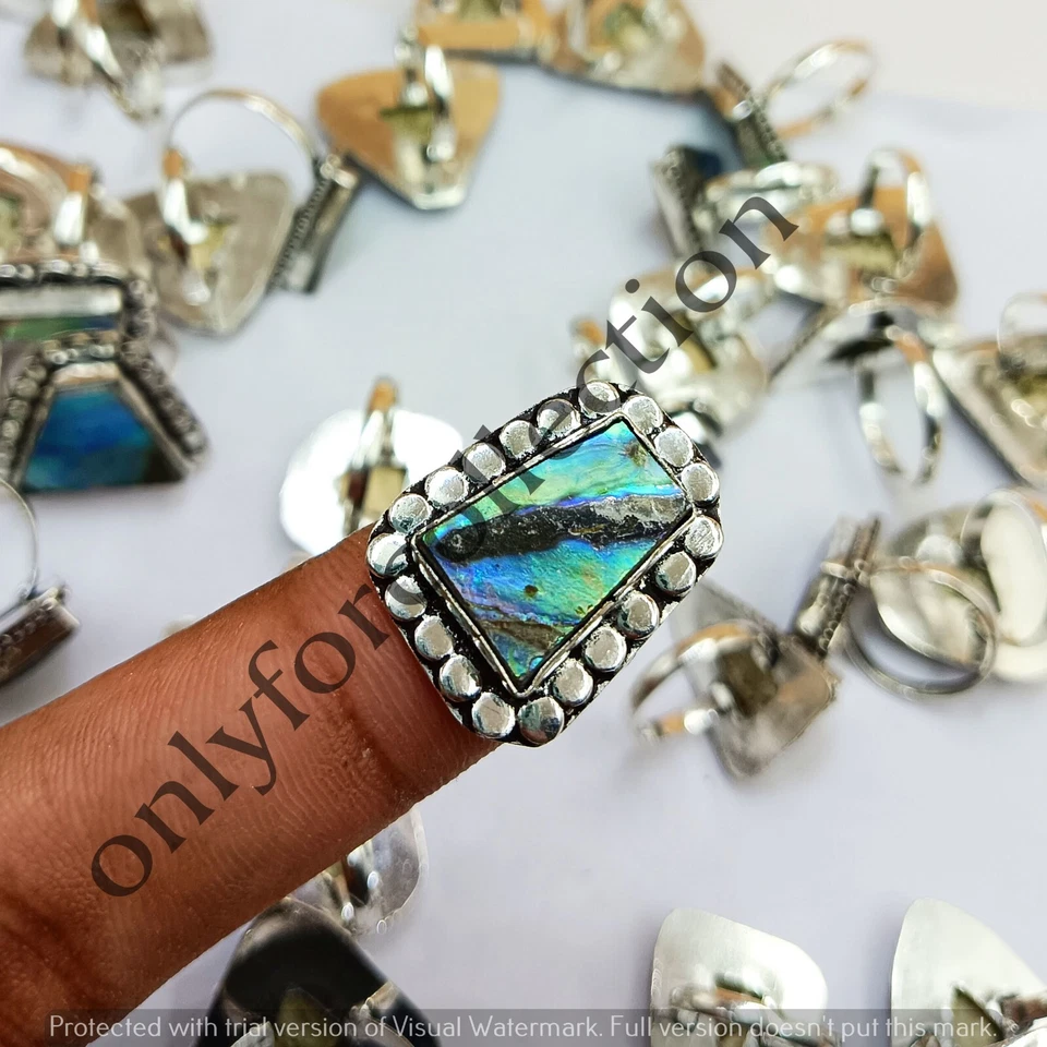 Lote de anel extravagante folheado a prata esterlina 925 pedra preciosa concha presente Abalone - Imagem 2 de 4