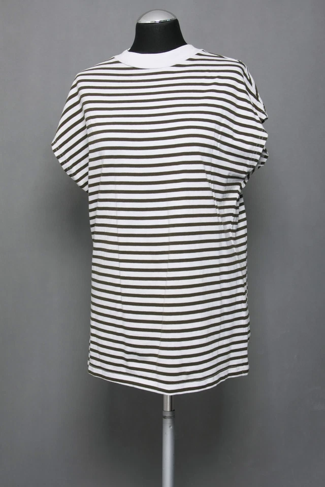 Weekday Damen T-Shirt S grün oliv gestreift Kurzarm Stehkragen Oversized