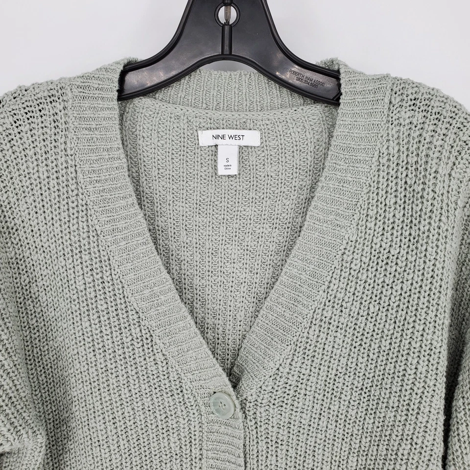 Cárdigan suéter Nine West para mujer pequeño verde pizarra tejido manga larga Foto 3 de 4
