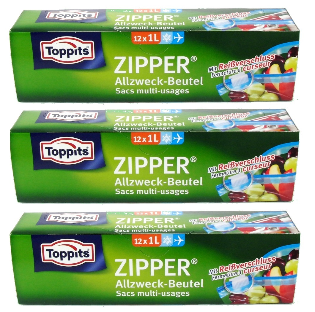 Toppits Zipper Allzweck-Beutel 1 Liter – 12 Stück, Reißfest, Wiederverwendbar