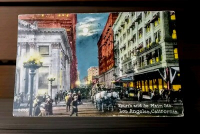 Los Angeles, California Intersection of Fourth & So. Main St Night 1916 Postcard