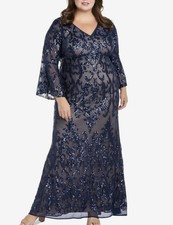 R&M Richards Formal Dress Plus Size 20W Navy Blue Sequin Bell Long Sleeve NEW