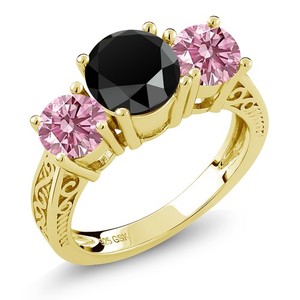 Authentic 18K Yellow Gold Plated Silver Onyx and Pink Lab Grown Diamond Engagement Ring