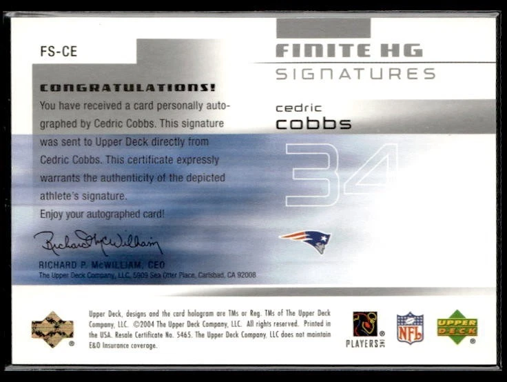 L49,566 - 2004 Upper Deck Finite HG Signatures #FSCE Cedric Cobbs Auto - Image 2 of 2