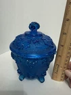 VTG 1950s Jeanette Glass Footed Covered Cobalt Blue Candy Dish Grape Leaf MCM