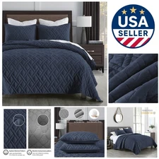 Luxurious Navy Blue Microfiber Quilt Set - King Size, Diamond Pattern