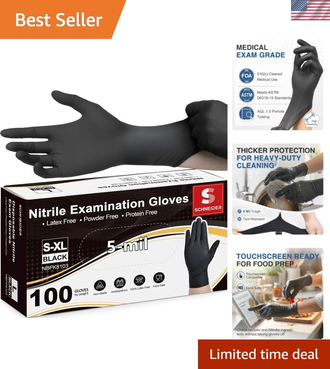 Black Nitrile Exam Gloves, 5 Mil Disposable Gloves, Latex Free & Powder Free,...