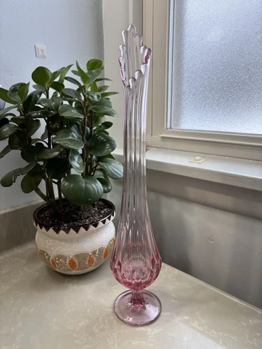 Fenton Colonial Pink Thumbprint Swung Footed Glass Vase 17.5 in Tall