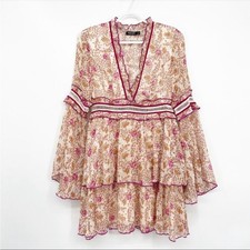 NASTY GAL Cream Pink Floral Print Long Bell Sleeve Tiered Ruffle Mini Dress 4