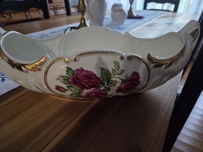 Royal Kohl China Canoe Shaped Large Centerpiece Bowl Gold Trim Burgandy Roses