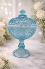 Fenton Art Glass Co. Blue Opalescent Hobnail Footed Covered Compote Candy Dish