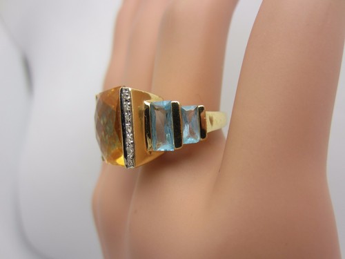 Anello In Oro Giallo 14K Con Citrino A Scacchi E Topazio Blu E Diamante 12 Ct TW - Foto 2 di 10