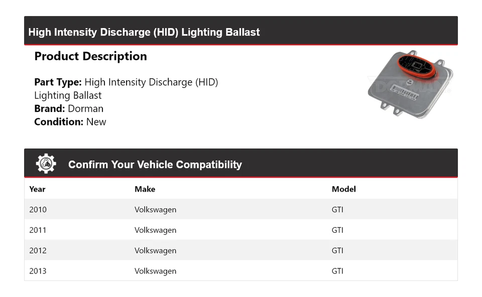 Lastro de iluminação 2011 2012 Volkswagen GTI Dorman HID para 2010-2013 - Imagem 2 de 4