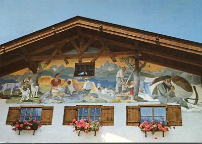 Alte Postkarte - Fresko an einem Haus in Oberbayern ''Die vier Jahreszeiten''