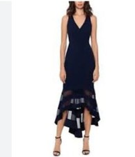 XSCAPE NAVY BLUE FLOUNCE WOMEN'S HIGH LOW SLEEVELESS DRESS