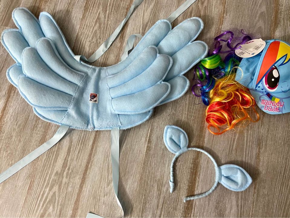 CAPPELLO TUTÙ COSPLAY RAINBOW DASH MY LITTLE PONY SCALDAMUSCOLI GUANTI ALI ORECCHIE ORGOGLIO