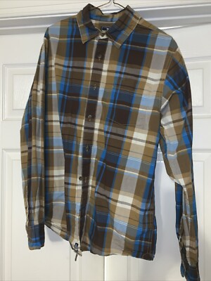 The North Face Shirt Mens Medium Brown Blue Plaid Button Up Casual Long Sleeve