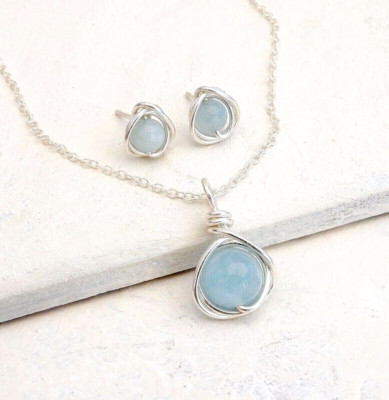 Aquamarin Halskette Ohrringe Handarbeit Sterlingsilber März Geburtsstein Geschenkbox