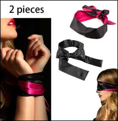 YKLM 2 X Satin Blindfold Silk Eye Mask Couple Adult Sex Games BDSM Bondage Wrist
