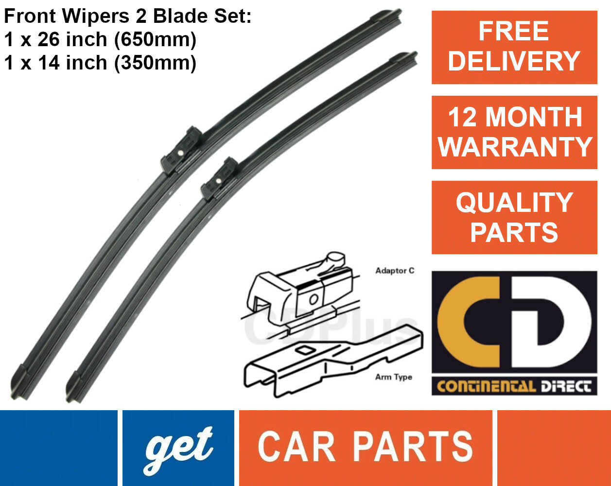 Front Wiper Blades (26" + 14") for Vauxhall Mokka from 2012 onwards