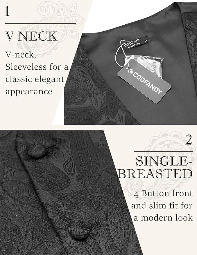 COOFANDY Men's 3PC Set Paisley Floral Jacquard Vest, Necktie & Pocket Square NIB - Image 3 of 4